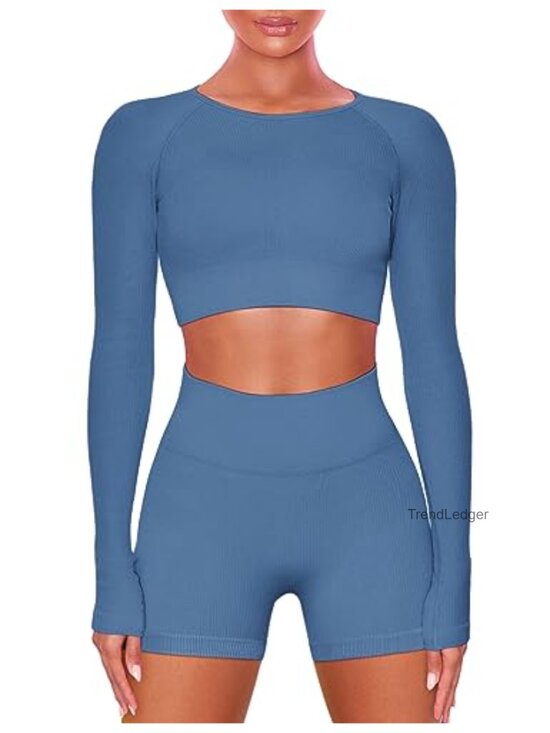 Tops - Seamless Ribbed Crop Top High Waist Leggings 2 Piece Workout Set